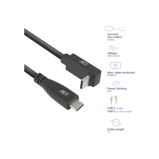 Kabel ACT USB-C standaard naar USB-C hoek boven/beneden 10Gbps 2m