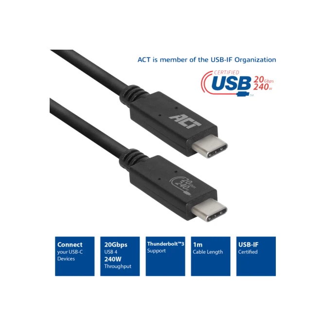 Kabel ACT USB-C USB 4 20Gbps Thunderbolt3 1 meter