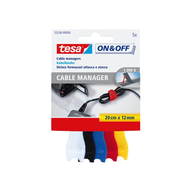 Kabelmanager tesa® On & Off 12mmx20cm diverse kleuren 5 stuks
