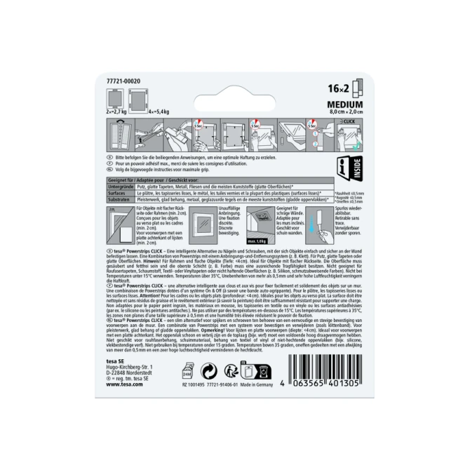 Kleefstip tesa Powerstrips Click Medium 16 paar wit