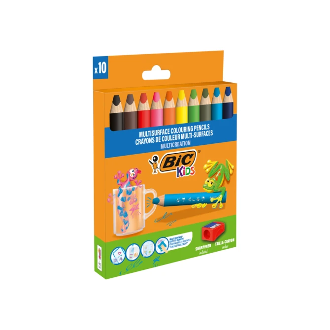 Kleurpotloden BicKids Multi Surface + puntenslijper assorti 10 stuks