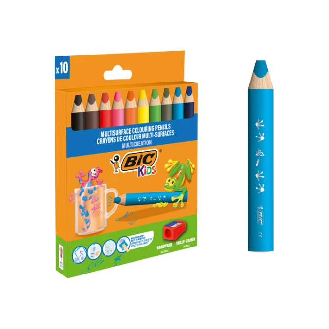 Kleurpotloden BicKids Multi Surface + puntenslijper assorti 10 stuks