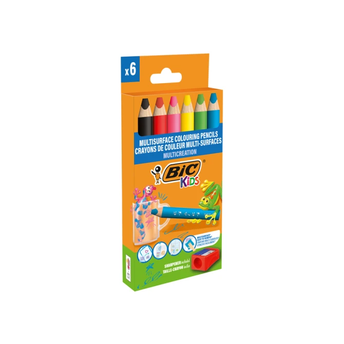 Kleurpotloden BicKids Multi Surface + puntenslijper assorti 6 stuks