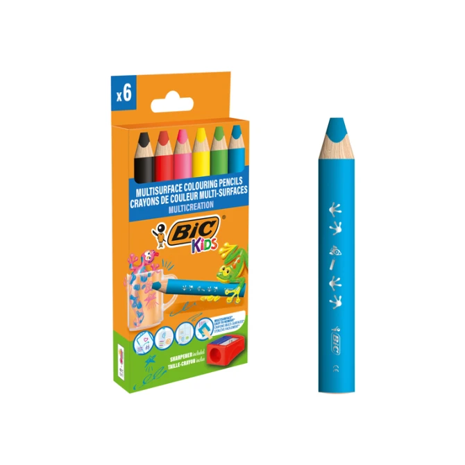 Kleurpotloden BicKids Multi Surface + puntenslijper assorti 6 stuks