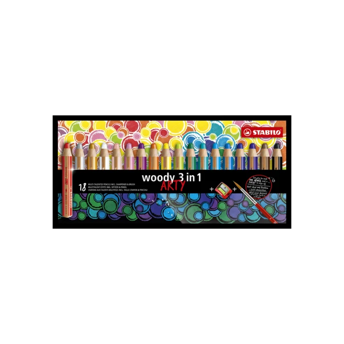 Kleurpotloden STABILO 880 woody 3 in 1 Arty + slijper+penseel ass 18st