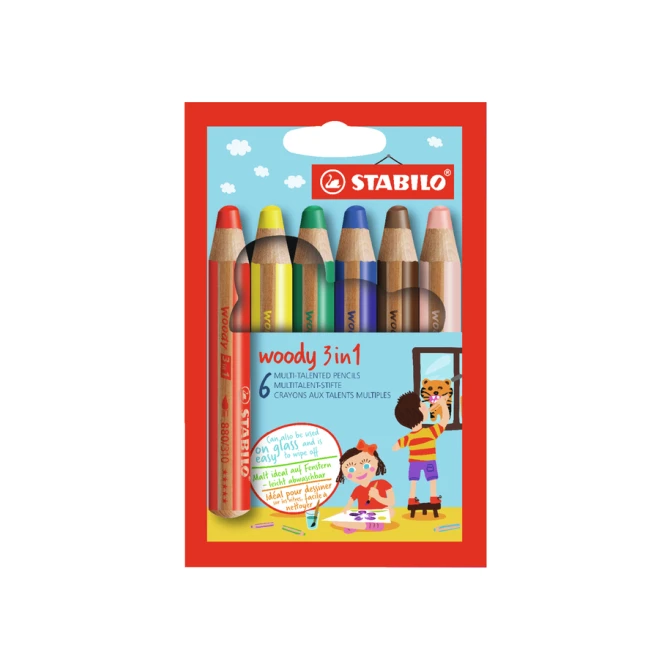 Kleurpotloden STABILO 880 woody 3 in 1 assorti etui à 6 stuks