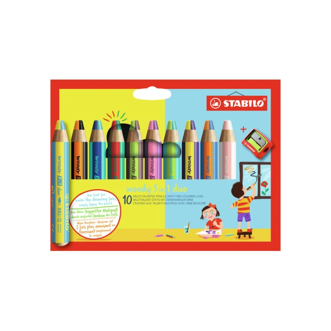 Kleurpotloden STABILO 882 woody 3 in 1 duo inclusief puntenslijper assorti etui 10 à stuks
