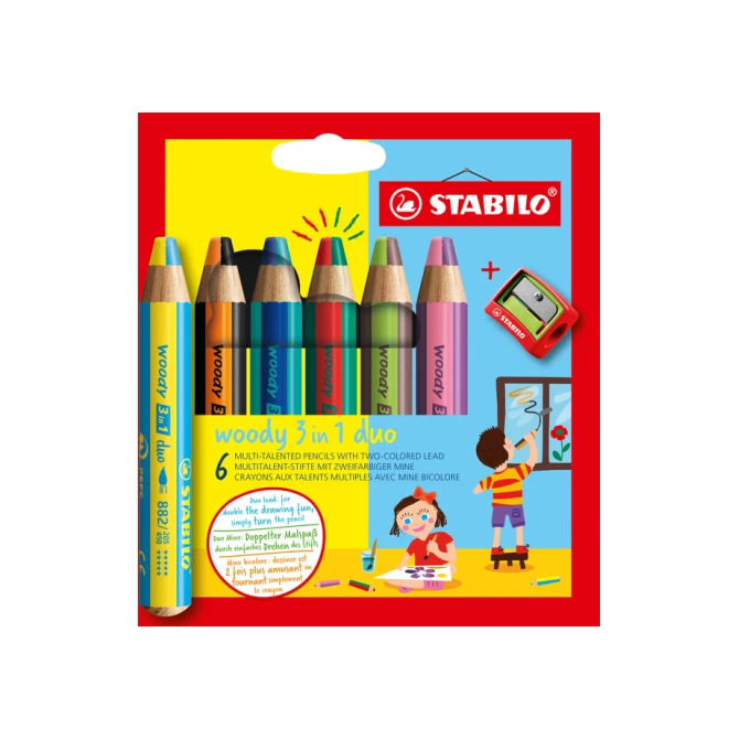 Kleurpotloden STABILO 882 woody 3 in 1 duo inclusief puntenslijper assorti etui 6 à stuks