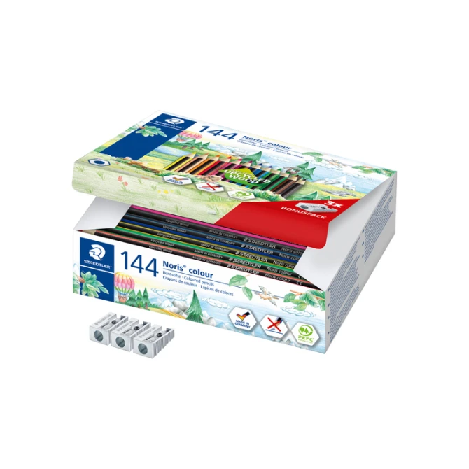 Kleurpotloden Staedtler Noris classpack à 144 stuks 12 kleuren + 3 puntenslijpers gratis