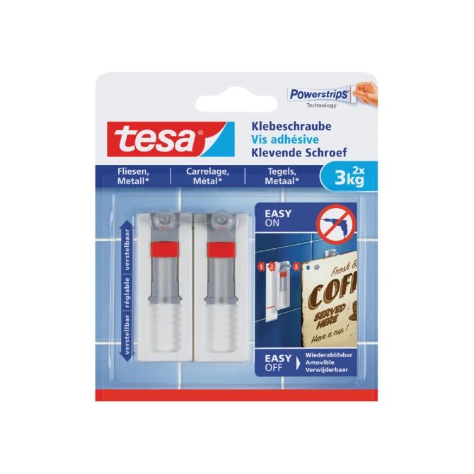 Klevende schroef tesa® tegels & metaal 3kg verstelbaar wit 2 stuks
