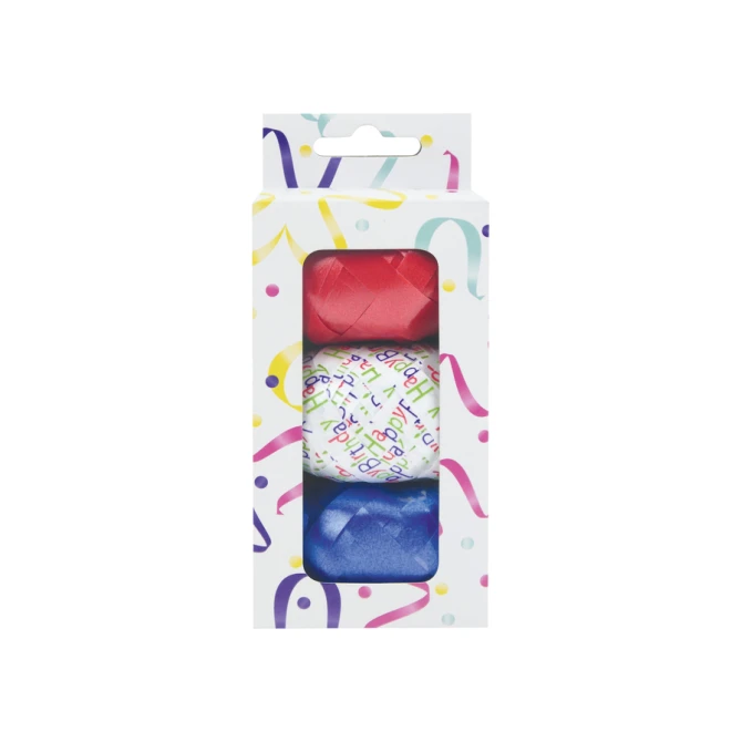 Krullint set à 3 kleuren rood, blauw en wit met happy birthday