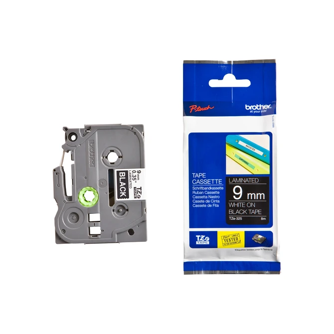 Labeltape Brother P-touch TZe-325 standaard 9mm wit op zwart