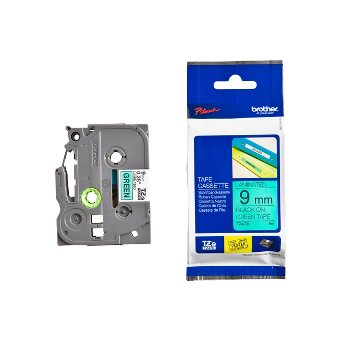 Labeltape Brother P-touch TZe-721 standaard 9mm zwart op groen