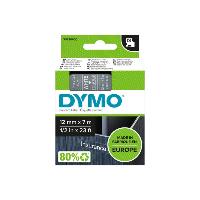 Labeltape Dymo LabelManager D1 polyester 12mm wit op transparant