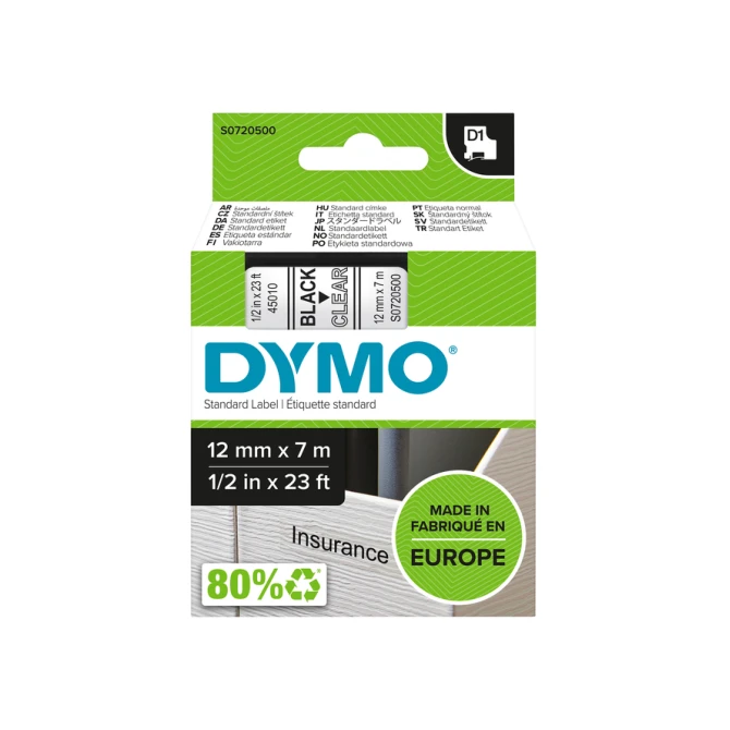 Labeltape Dymo LabelManager D1 polyester 12mm zwart op transparant