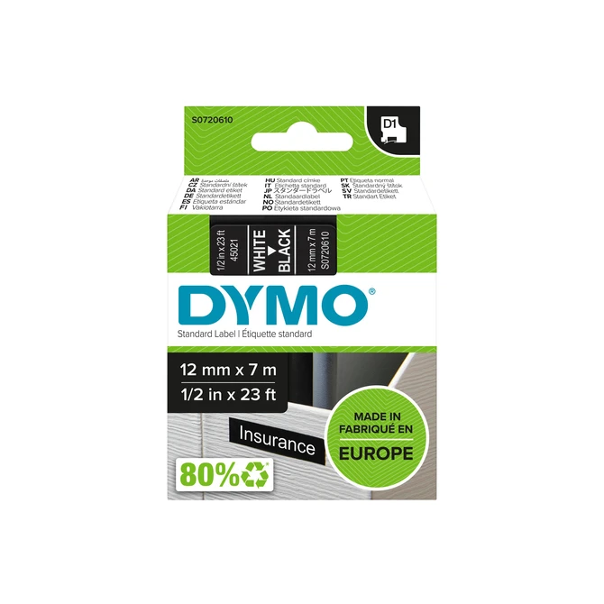 Labeltape Dymo LabelManager D1 polyester 12mmx7m wit op zwart