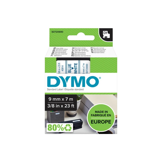 Labeltape Dymo LabelManager D1 polyester 9mm blauw op wit