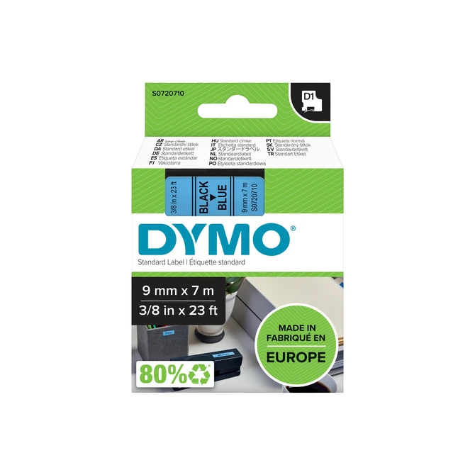 Labeltape Dymo LabelManager D1 polyester 9mm zwart op blauw