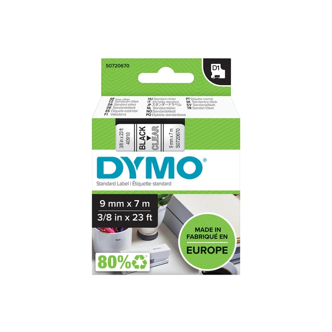 Labeltape Dymo LabelManager D1 polyester 9mm zwart op transparant