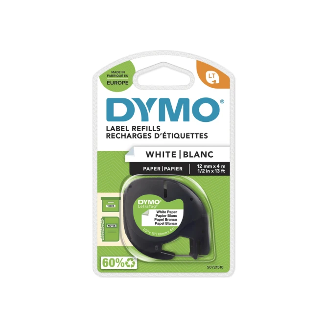 Labeltape Dymo LetraTag papier 12mm zwart op wit
