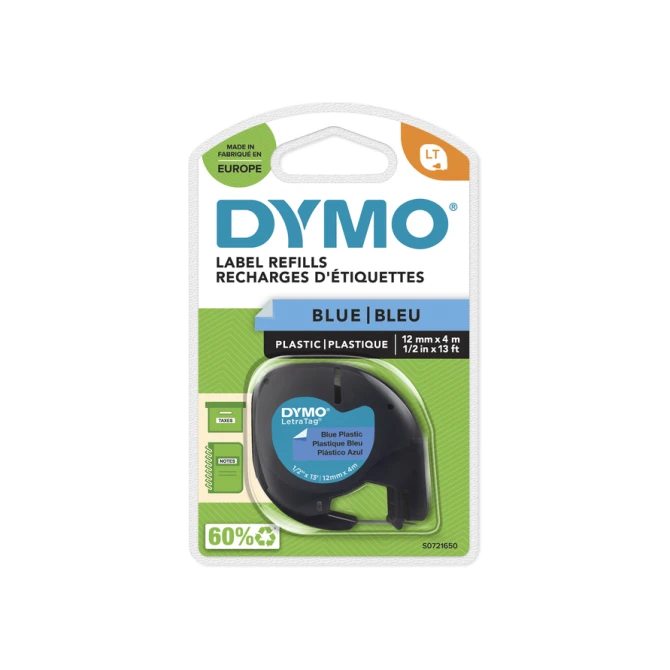 Labeltape Dymo LetraTag plastic 12mm zwart op blauw