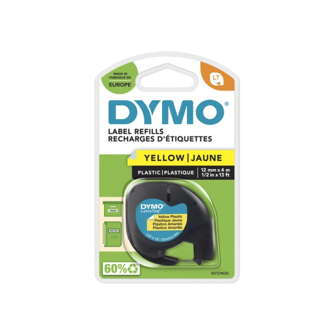 Labeltape Dymo LetraTag plastic 12mm zwart op geel