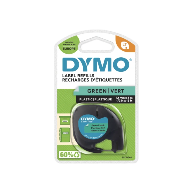 Labeltape Dymo LetraTag plastic 12mm zwart op groen