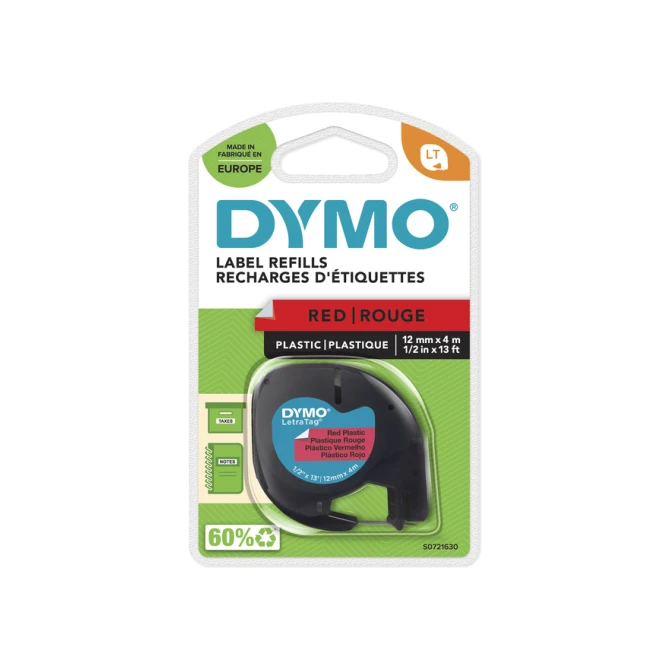 Labeltape Dymo LetraTag plastic 12mm zwart op rood