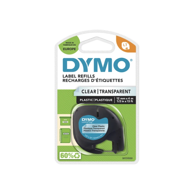 Labeltape Dymo LetraTag plastic 12mm zwart op transparant