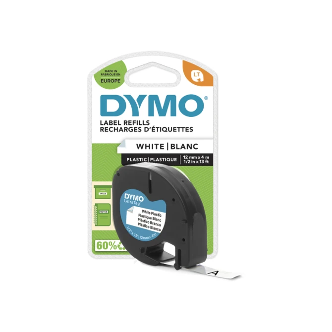 Labeltape Dymo LetraTag plastic 12mm zwart op wit