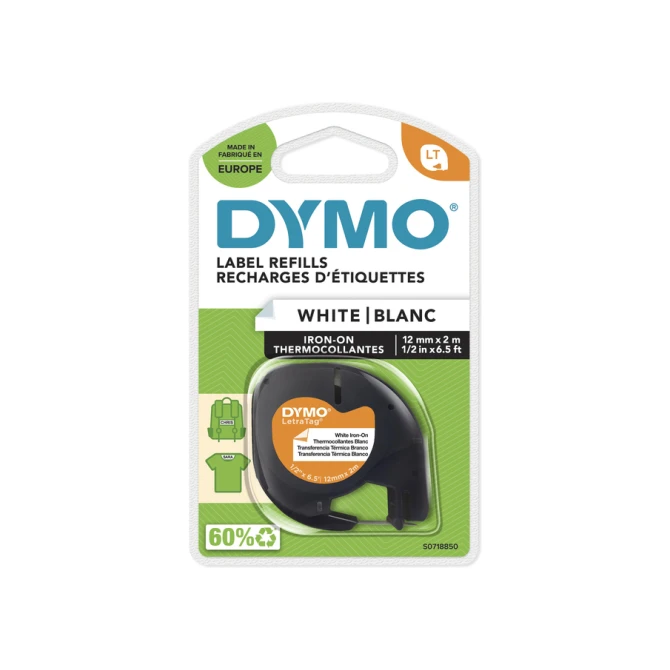 Labeltape Dymo LetraTag strijkbaar 12mm zwart op wit