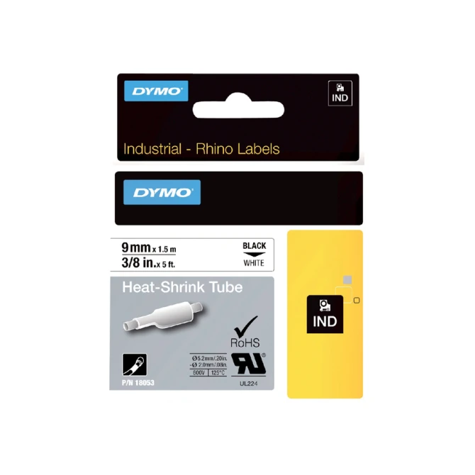 Labeltape Dymo Rhino industrieel krimpkous 9mm zwart op wit