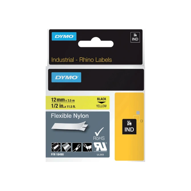 Labeltape Dymo Rhino industrieel nylon 12mm zwart op geel