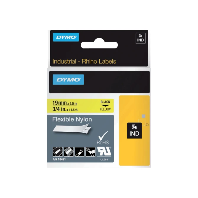 Labeltape Dymo Rhino industrieel nylon 19mm zwart op geel