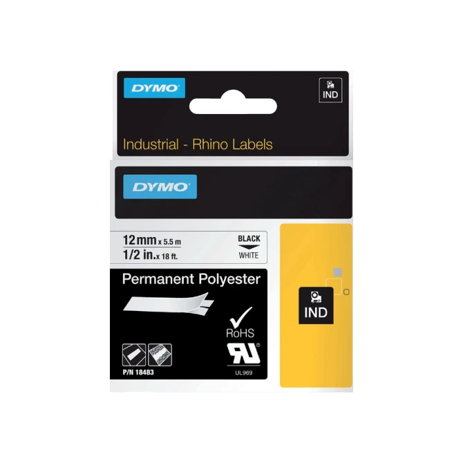 Labeltape Dymo Rhino industrieel polyester 12mm zwart op wit