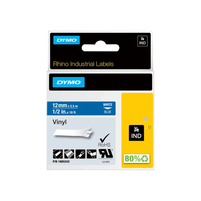 Labeltape Dymo Rhino industrieel vinyl 12mm wit op blauw