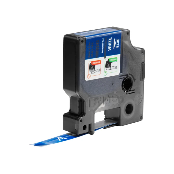 Labeltape Dymo Rhino industrieel vinyl 12mm wit op blauw
