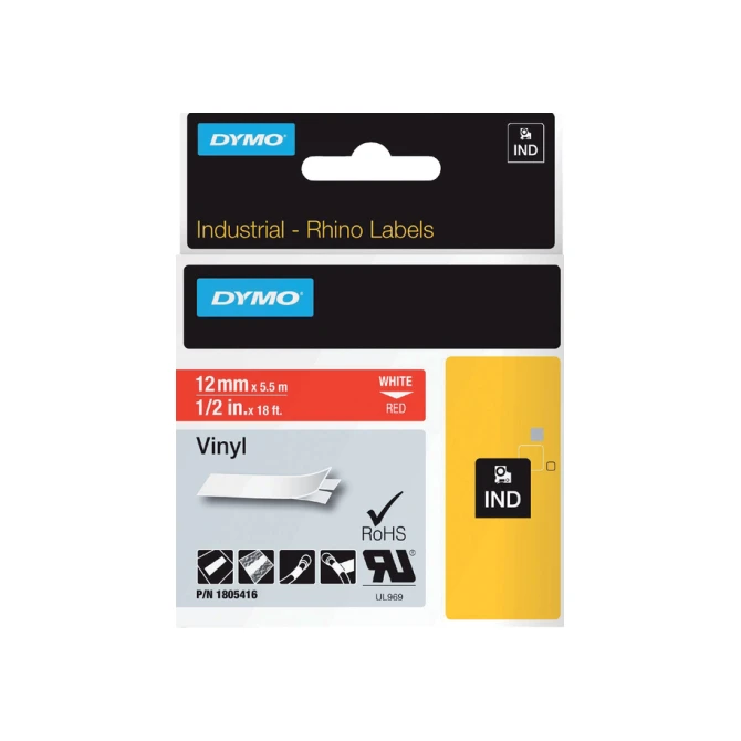 Labeltape Dymo Rhino industrieel vinyl 12mm wit op rood
