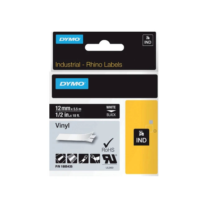 Labeltape Dymo Rhino industrieel vinyl 12mm wit op zwart