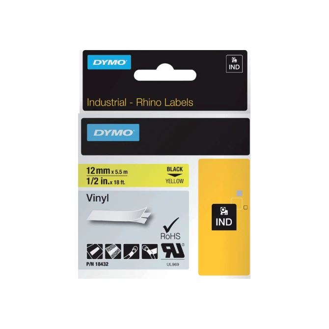 Labeltape Dymo Rhino industrieel vinyl 12mm zwart op geel