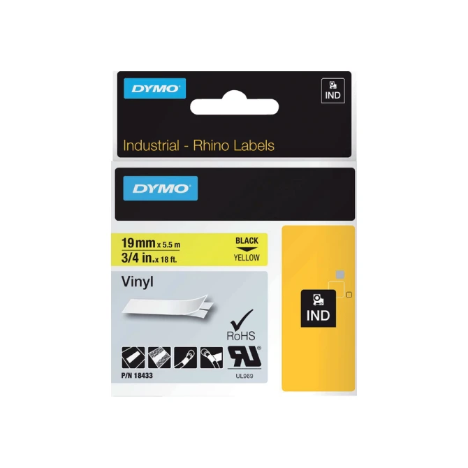 Labeltape Dymo Rhino industrieel vinyl 19mm zwart op geel