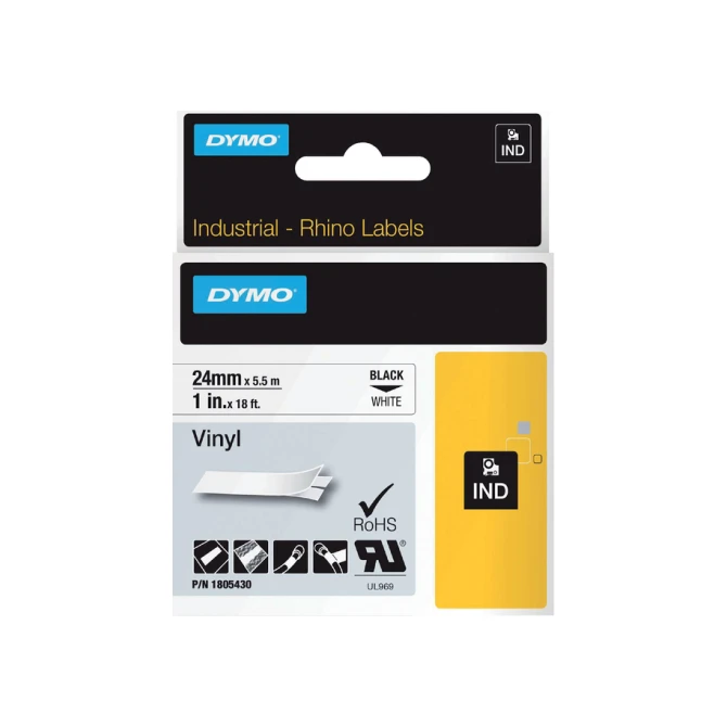 Labeltape Dymo Rhino industrieel vinyl 24mm zwart op wit