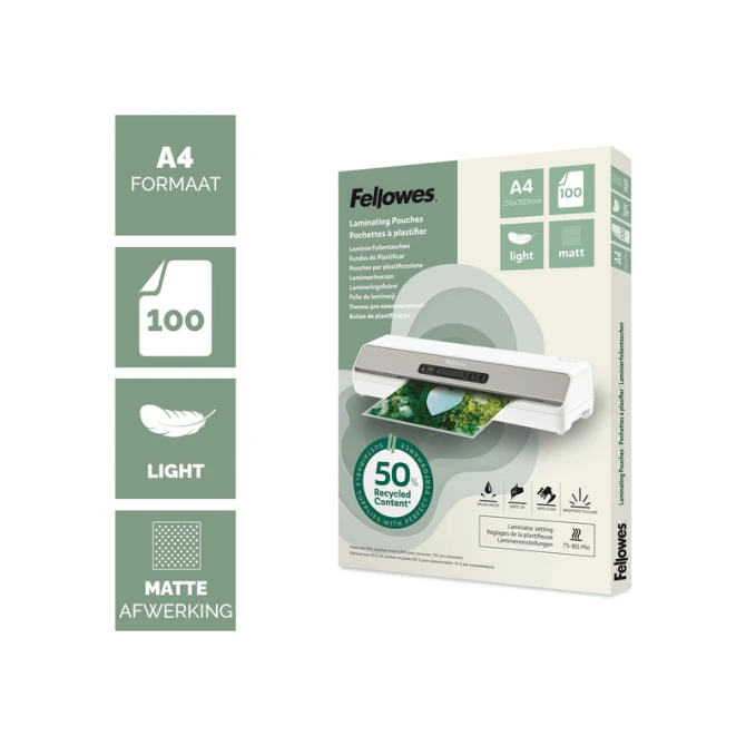 Lamineerhoes Fellowes A4 2x75micron recycled mat 100stuks