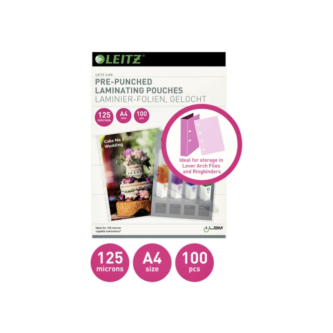 Lamineerhoes Leitz iLAM A4 met perforatieband 2x125micron EVA 100 stuks