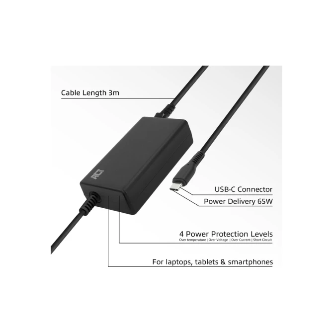 Laptop Oplader ACT USB-C Power Delivery 65W 3mtr