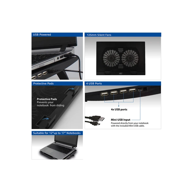Laptopstandaard ACT 2 standen met ventilator 4-p hub