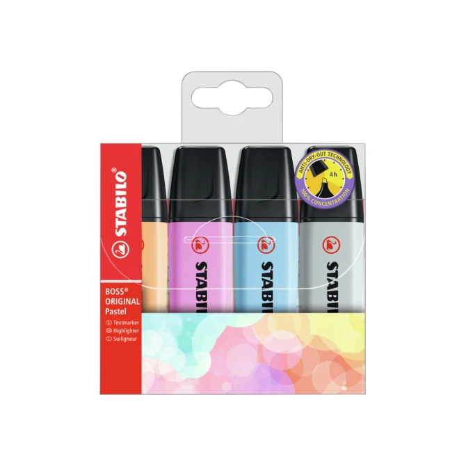Markeerstift STABILO BOSS Original 70/4 pastel incl grijs ass 4st