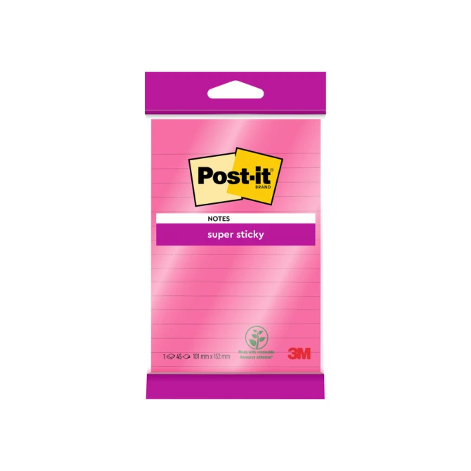 Memoblok 3M Post-it 4645 Super Sticky 101x152mm lijn roze