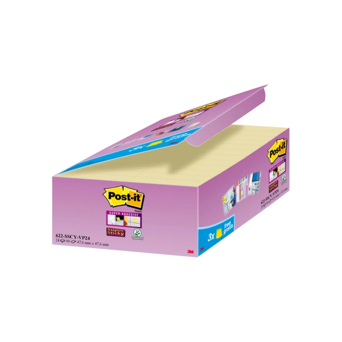 Memoblok 3M Post-it 622 Super Sticky 47.6x47.6mm geel 21 + 3 gratis