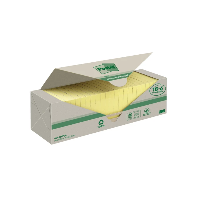 Memoblok 3M Post-it 654 76x76mm recycle geel 18 + 6 gratis